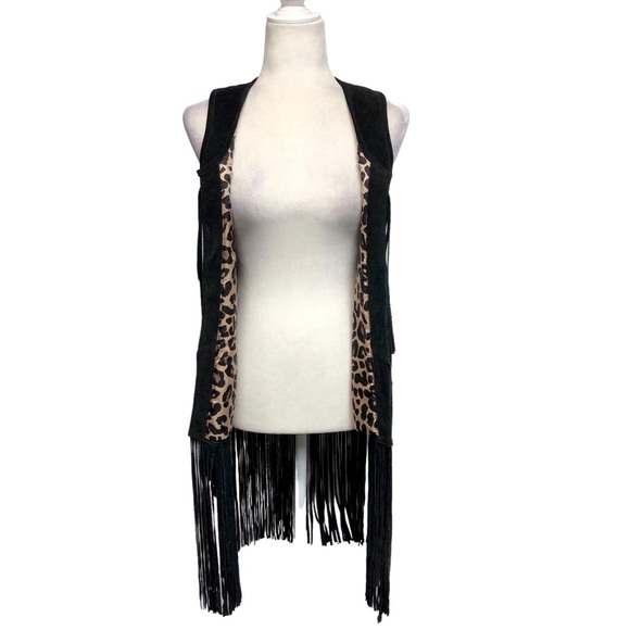 True Religion Black Leather Vest Mid Length Metal Bead Fringe Festival Boho - Picture 4 of 12